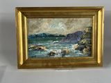 an image of a painting of a beach scene with a boat in the water