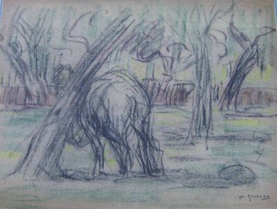 pencil drawing of an elephant standing in a field with trees in the background