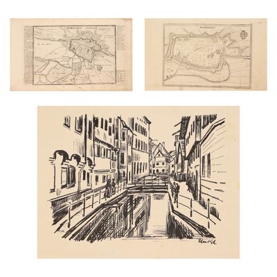trois dessins représentant des bâtiments et un canal dans une ville