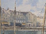a painting of boats in a harbor with buildings in the background