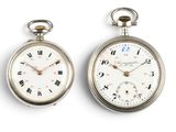 two silver pocket watches with roman numerals and roman numerals