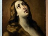 une peinture à l'huile représentant une femme aux cheveux longs qui lève les yeux vers le ciel