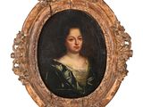 portrait d'une femme en robe verte, dans un cadre doré