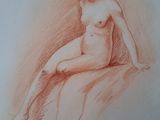 drawing of a nude woman sitting on a bed with her legs crossed