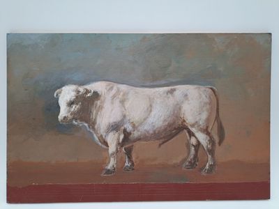 un tableau représentant une vache blanche debout sur un fond rouge