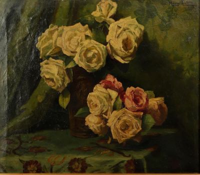a painting of roses in a vase on a table