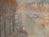 tableau représentant une vue sur une rivière avec un pont au loin