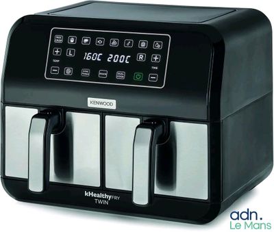 an image of a black and silver air fryer on a white background