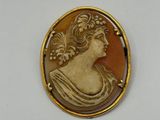 a close up of a picture of a woman ' s face on a gold plated broochle