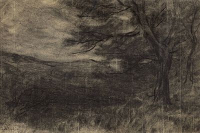 un dessin en noir et blanc représentant un arbre dans un champ
