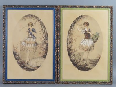 two framed pictures of a woman in a blue dress and a woman in a white dress