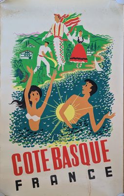 an old poster of a couple swimming in the water with a man and woman