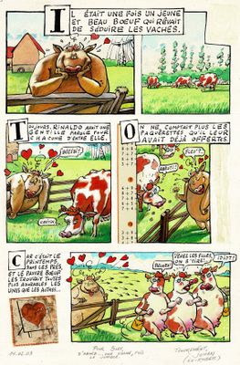une bande dessinée représentant une vache dans un pré