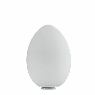 a white egg shaped object on a stand on a white surface