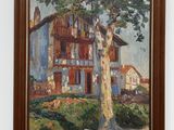 an oil painting of a house with a tree in front of it