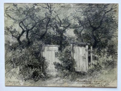 un dessin représentant une vieille toilette extérieure dans les bois