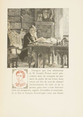 a drawing of a man sitting at a desk in a library