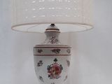 a lamp that is sitting on a table with a white lamp shade