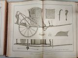 an open book with a drawing of a horse drawn carriage