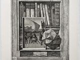 une image représentant un dessin d'une étagère avec des livres et un parapluie