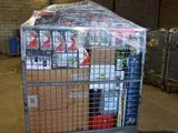 a cart with a lot of items in it in a warehouse