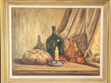 a painting of a still life with bread and a bottle on a table