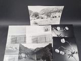 three black and white photographs of a landscape with mountains and trees