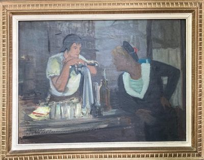 a painting of a man and a woman sitting at a table