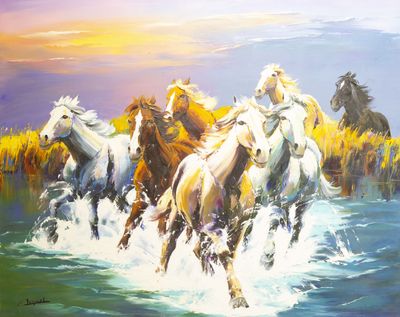 tableau représentant un groupe de chevaux galopant à travers un plan d'eau