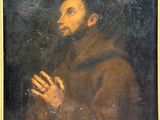 an old painting of a man in a brown coat holding his hands up