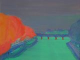 une peinture d'une rivière avec un pont à l'arrière-plan
