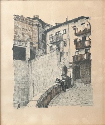 a drawing of a man sitting on a bench in front of a building