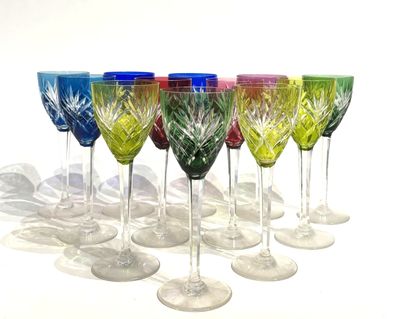 six wine glasses lined up in a row on a white surface