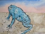 a painting of a frog and a dog on the beach