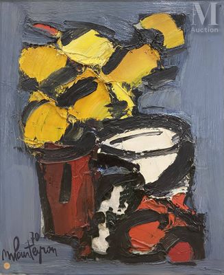 une peinture à l'huile représentant un vase contenant des fleurs jaunes