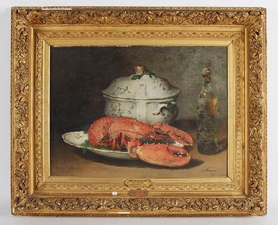 a painting of a lobster and a pot on a table