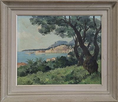 une peinture à l'huile représentant une vue sur une baie, avec des arbres et un bâtiment au loin