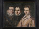un tableau représentant trois hommes en costume de la Renaissance, debout les uns à côté des autres