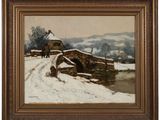 un tableau représentant un paysage enneigé avec un pont enjambant une rivière