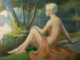 a painting of a nude woman sitting on a rock by the water