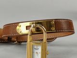 a brown leather belt with a gold padlock on it