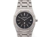 an image of a stainless steel wrist watch with a black dial