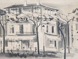 drawing of a large building with a clock on the top of it