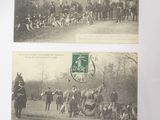 two old black and white photos of people and horses in a field