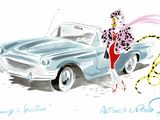 drawing of a woman in a leopard print coat leaning on a blue car