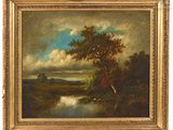 a painting of a landscape with a river in the foreground
