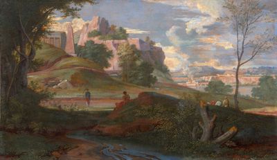 peinture d'un paysage avec une rivière et un château au loin