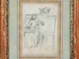un dessin représentant une femme assise sur une chaise avec un chat