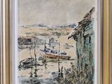 une image représentant un tableau montrant des bateaux sur l'eau près d'un bâtiment