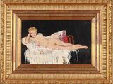 painting of a naked woman laying on a couch with a red chair in the background